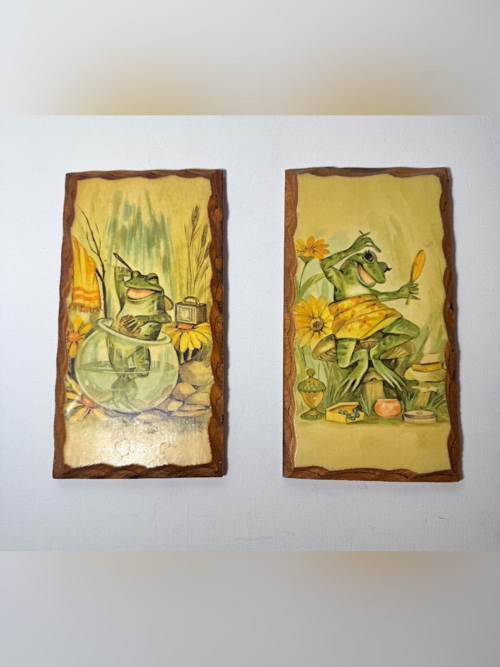 2 panels of Vintage 1970s Showering Frogs wall Art Plaques by Coby